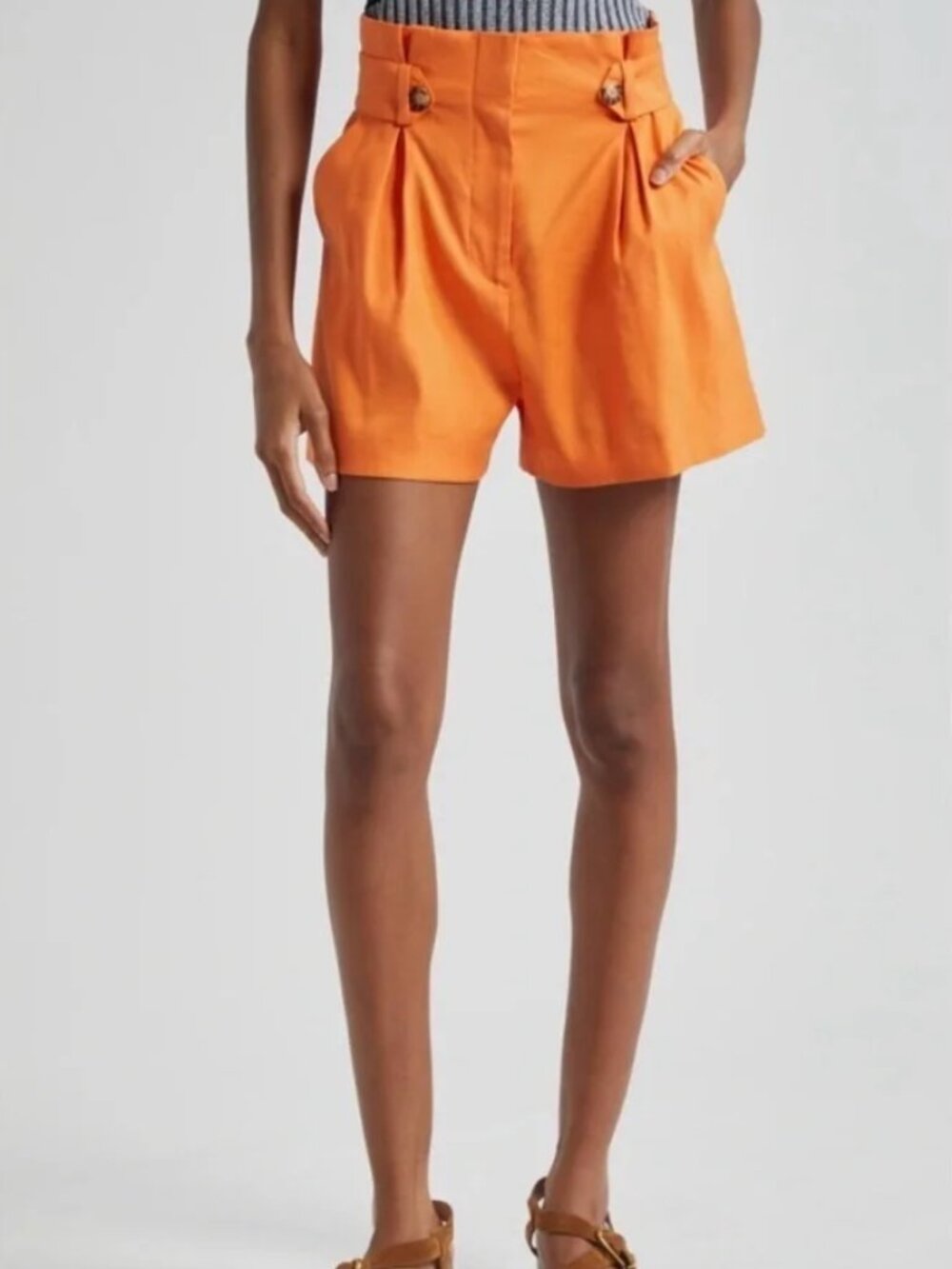 Veronica Beard 'Franzi' Pleated High-Waist Linen-Blend Shorts, Orange